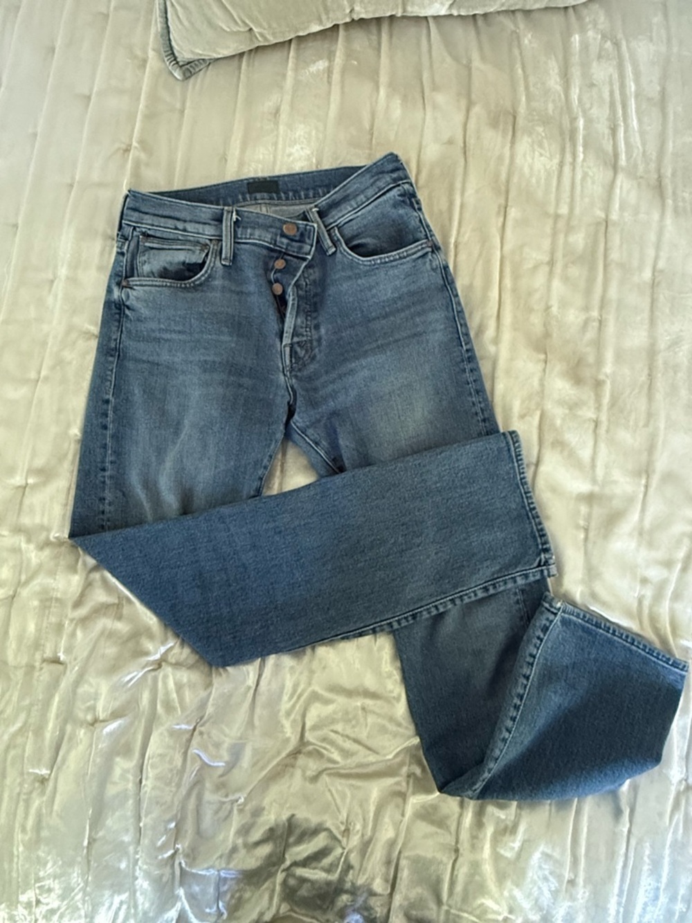 Mother Denim Mid Rise Hiker Hover. Penny for your Thoughts Wash.